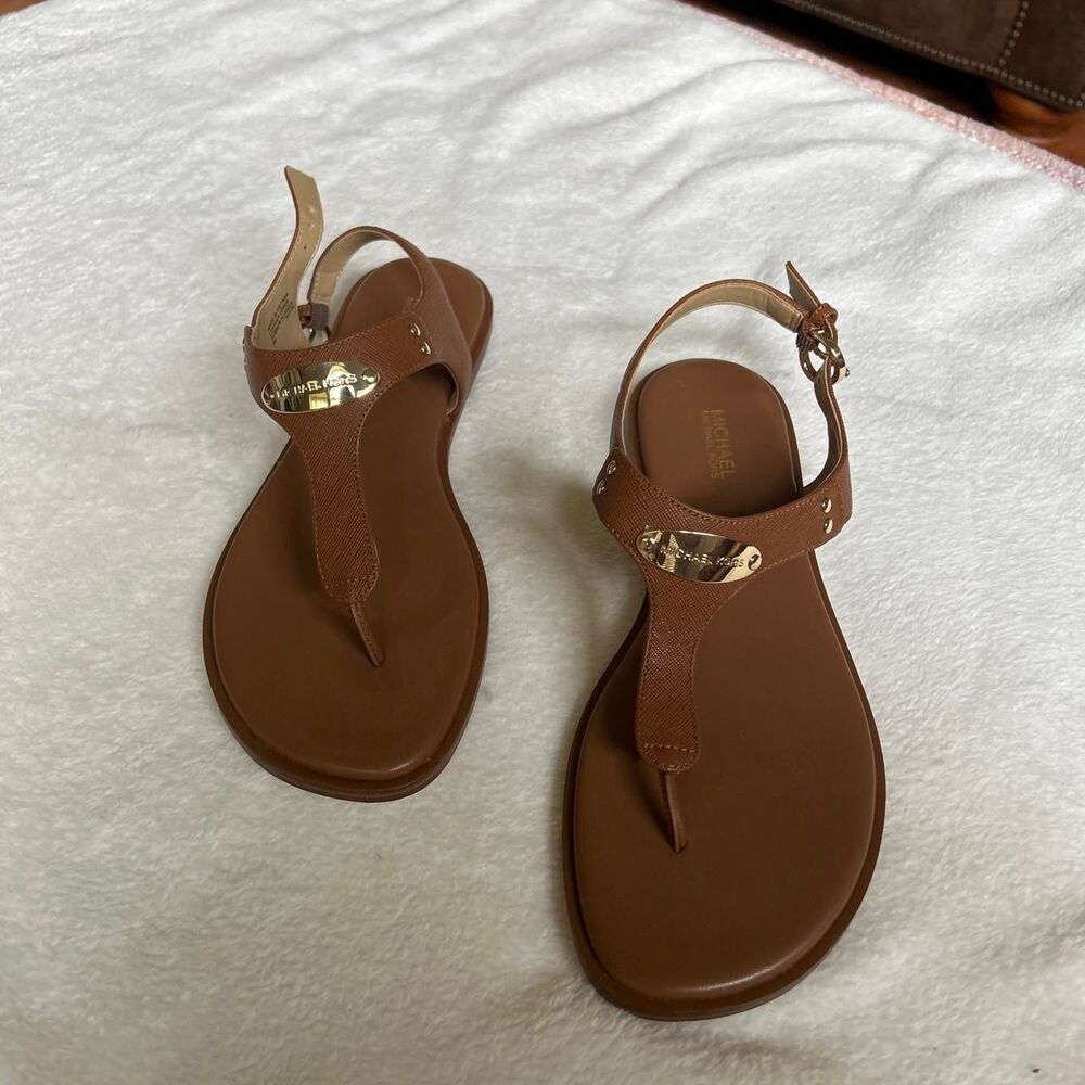 MICHAEL Michael Kors Brown Tan leather T-straps sandals New size 8 gold hardware